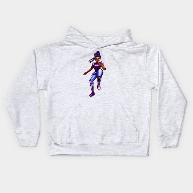 Black anime superhero brown eyed girl from outer space doing a high knee kick ! beautiful  black girl with Afro hair, brown eyes, Cherry pink lips and dark brown skin. Hair love ! Kids Hoodie by Artonmytee